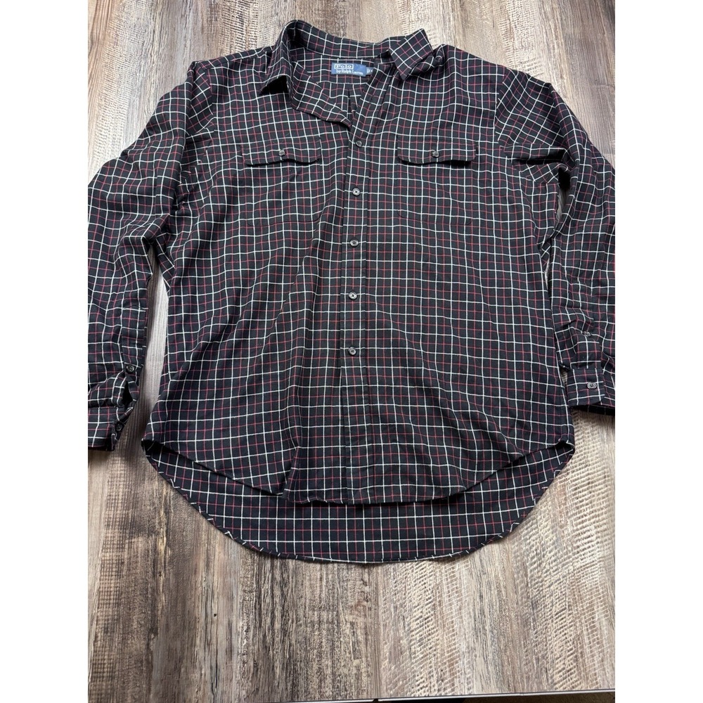 Polo Ralph Lauren Shirt Mens XL Black Red Plaid Button Up Flannel Flap Pockets